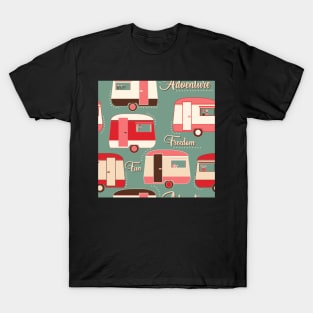 Repeat pattern of cute vintage caravans in retro colours pinks on teal T-Shirt